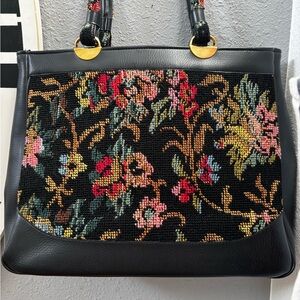 Vintage MCM Needlepoint Tapestry Large Black Floral Bag